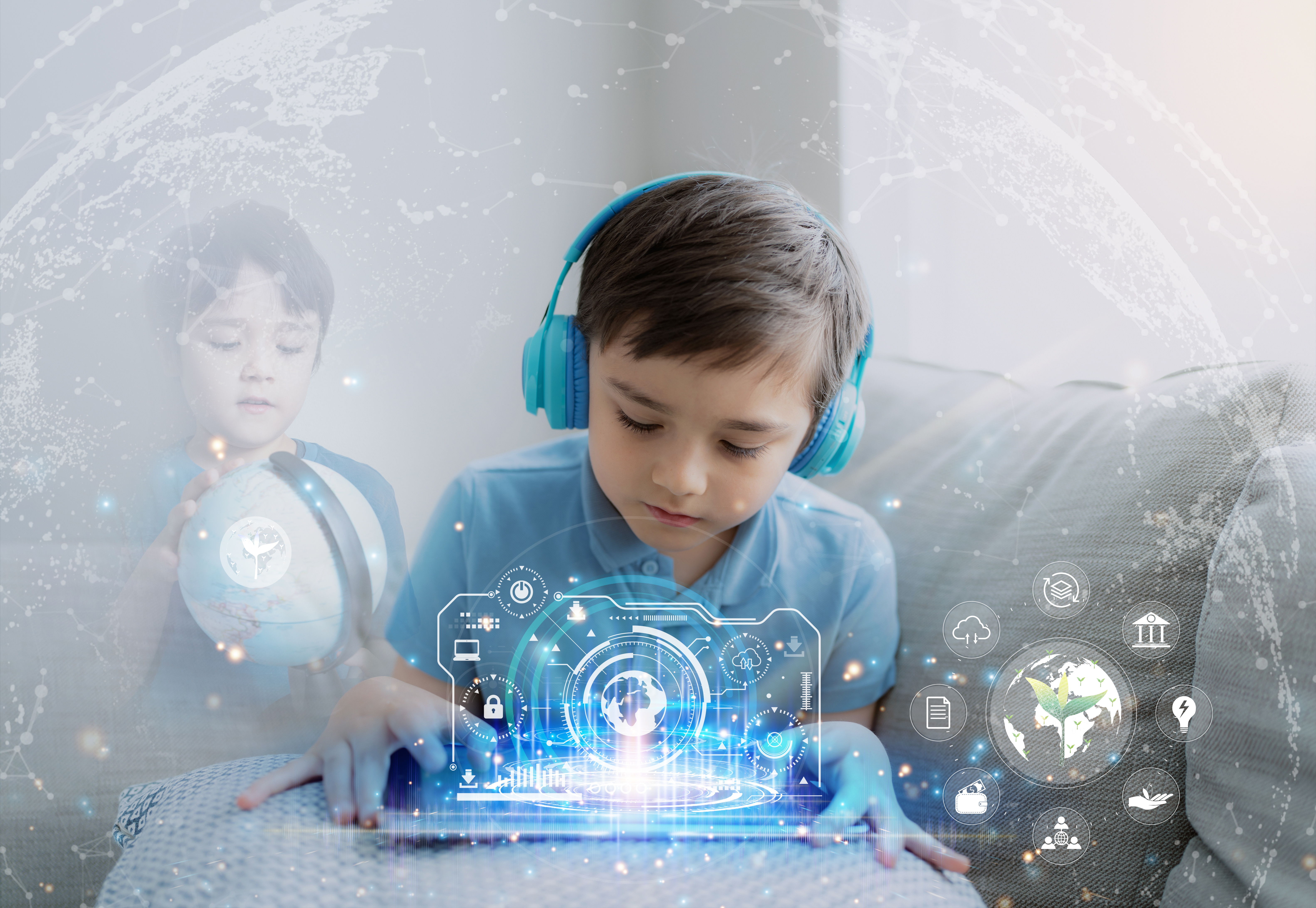 school-kid-using-tablet-research-internet-about-world-population-ecology-environmentalboy-doing-online-learninggeography-with-double-exposure-growth-futuristic-young-green-tree-globe-map